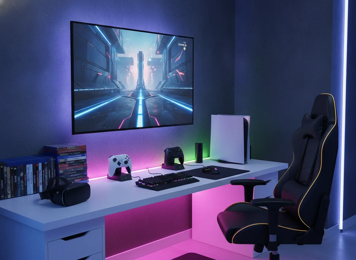 real photo of a modern gaming setup with