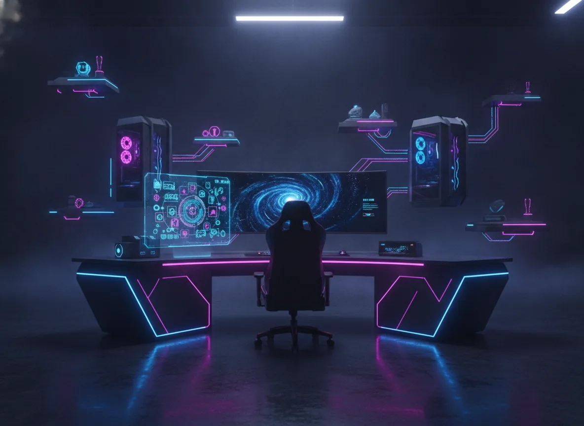 Futuristic gamer aesthetic, energetic and immersive mood, neon